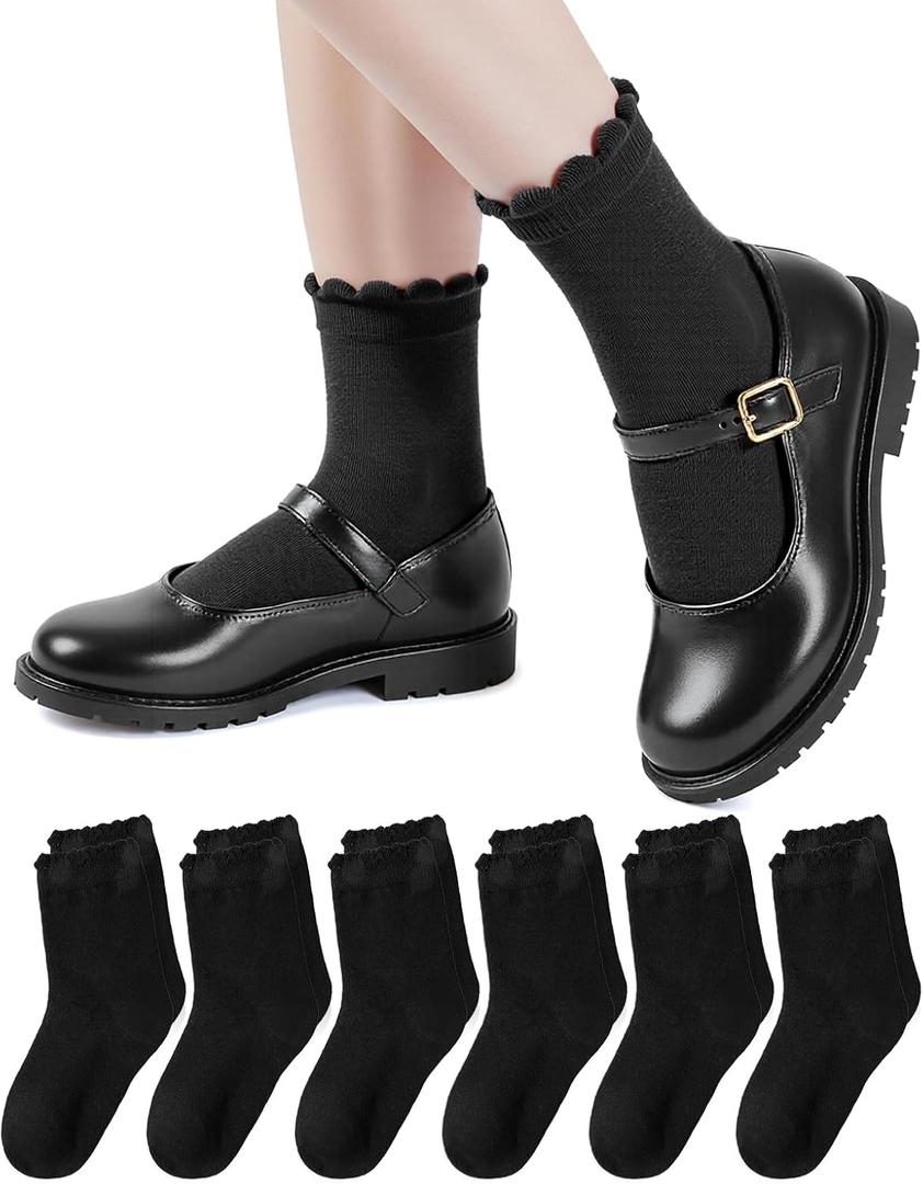 HONGTEYA 6 Pairs Girls White Ruffle Socks School Uniform Dress Socks for Kids Seamless Crew Ankle Cotton Size 4-14 Years (8-10 Years, Black)