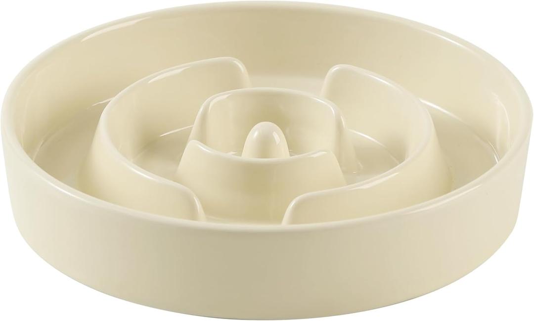 8.2inch Ceramic Slow Feeder Dog Bowl for Medium and Large Breed, Puzzle Dog Food Dish, Anti-Gulping, Pet Slow Feeder, Stop Bloat, Preventing Choking (Single Bowl-Beige)