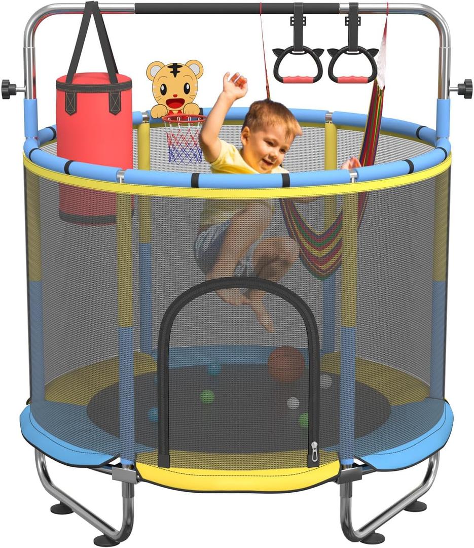 60" Trampoline for Kids, 500lbs Capacity Indoor Outdoor Toddler Trampoline with Adjustable Gymnastics Bar, Gifts for Boy Girl Age 1-8 (Yellow-Blue)