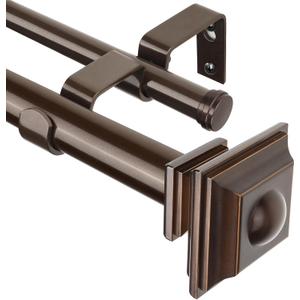 KAMANINA 1 Inch Double Curtain Rod 36 to 72 Inches (3-6 Feet) Telescoping Antique Bronze Curtain Rods for Windows 24 to 68 Inches, Heavy Duty Drapery Rods with Square Finials (36-72")