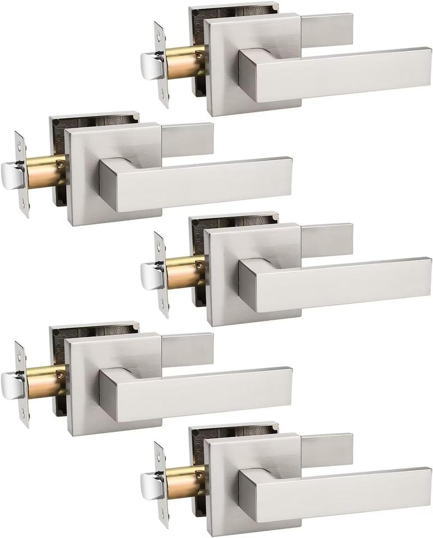 Tinewa 5 Pack Brushed Nickel Passage Door Levers Interior Door Handles, Heavy Duty Closet Hallway Door Handle Sets