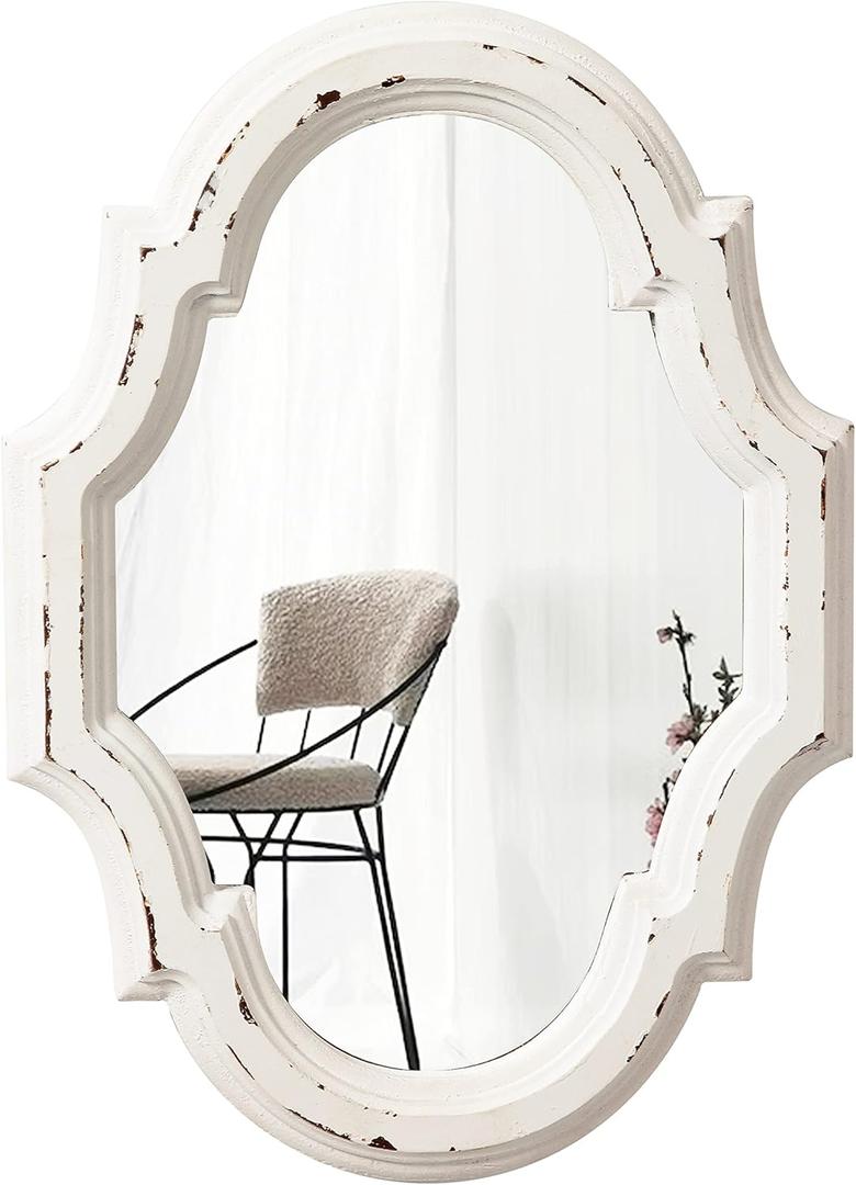 Small Vintage Oval Mirrors for Wall Decor 11 inch, Hanging Farmhouse Wood Entryway Mirror, Distressed White Rustic Scalloped Mirror, Ornate Accent Sculpted Mirrors for Living Room