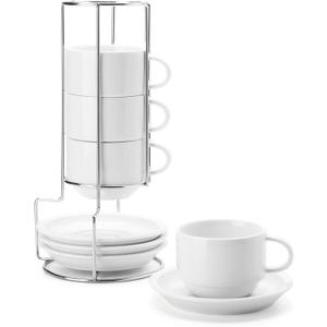 Sweese 8 Ounce Porcelain Stackable Cappuccino Cups with Saucers and Metal Stand - for Specialty Coffee Drinks, Cappuccino, Latte, Americano and Tea - Set of 4, White