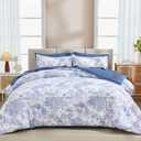 DJY Blue Comforter Set Full, 7 Pieces Full Size Flower Comforters with Sheets Elegant Plants Print Bed in a Bag Soft Microfiber Reversible Complete Bedding Sets for All Season
