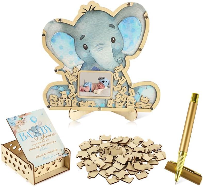 Adzt's 63 Pcs Baby Shower Event Guest Book Alternatives Set,60 Wood Slices Guest Book for Birthday, Baby Shower Guestbook with Photo Frame Baby Frame Keepsake Elephant