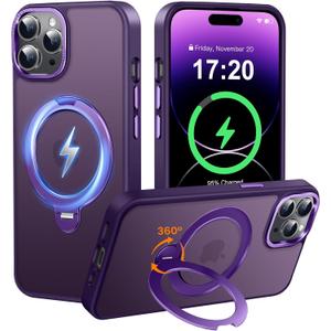 360 Spin Magnetic Stander for iPhone 14 pro Case [Compatible with Magnetic] [Built-in Kickstand] Mil-Grade Protective, Matte Non-Slip for iPhone 14 pro Phone Case(Purple)