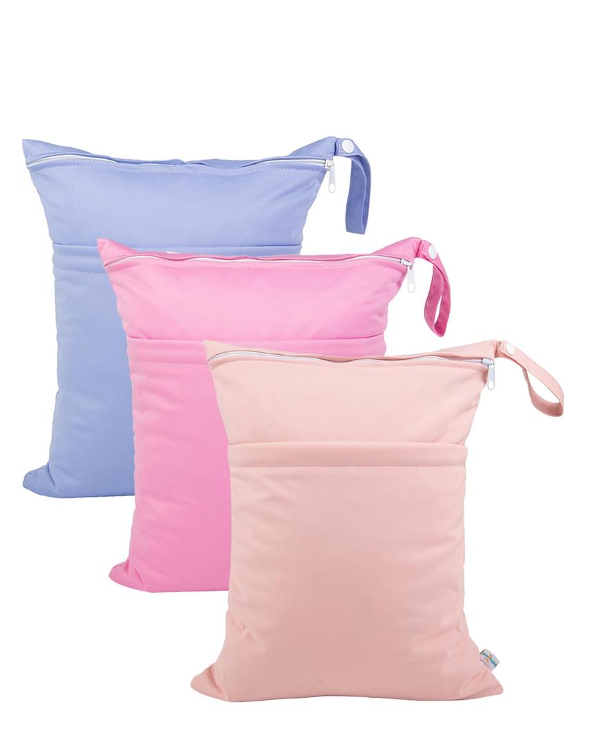 babygoal Wet Dry Bags for Baby Cloth Diapers, Washable Travel Bags, Beach, Pool, Gym Bag for Swimsuits & Wet Clothes with 2 Pockets 3 Pack 3LN09 (Pink)