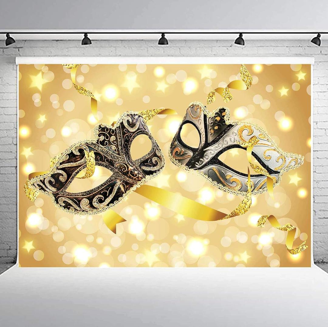 PHMOJEN 10x7ft Gold Masks Backdrop Masquerade Mardi Gras Party Banner Photography Background Vinyl Photo Studio Props LYPH976
