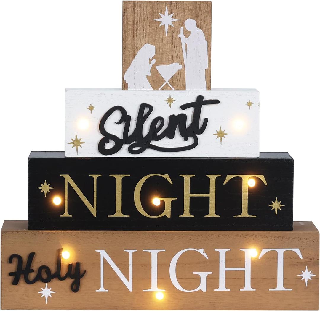 Nativity Sets for Christmas Indoor, MEETYAMOR Large Size LED 4-Layered Nativity Scene Wooden Block Silent Night Holy Night Sign Decor,Christmas Decorations Indoor for Home, Mantle, Table