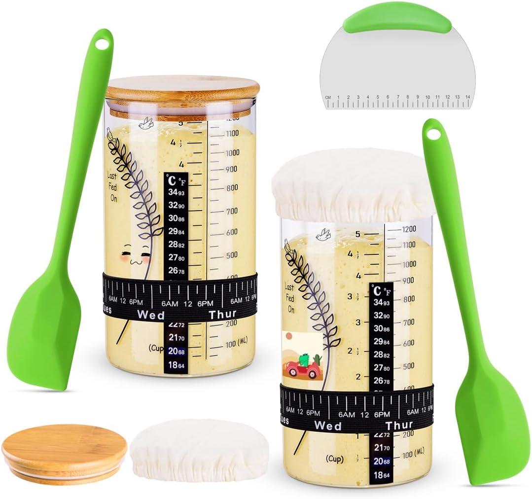 2 Pack 40oz Large Sourdough Starter Jar Glass Kit Wide Mouth with Silicone Spatula, Wooden Lid, Cloth Cover, Date Marked Band, Thermometer, Stainless Steel Dough Scraper