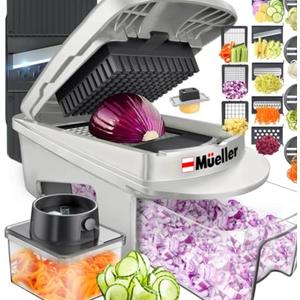 Mueller Pro-Series All-in-One, 12 Blade Mandoline Slicer for Kitchen, Food Chopper, Vegetable Slicer and Spiralizer, Cutter, Dicer, Grater, Kitchen Gadgets Sets with Container, White Sand/Gray