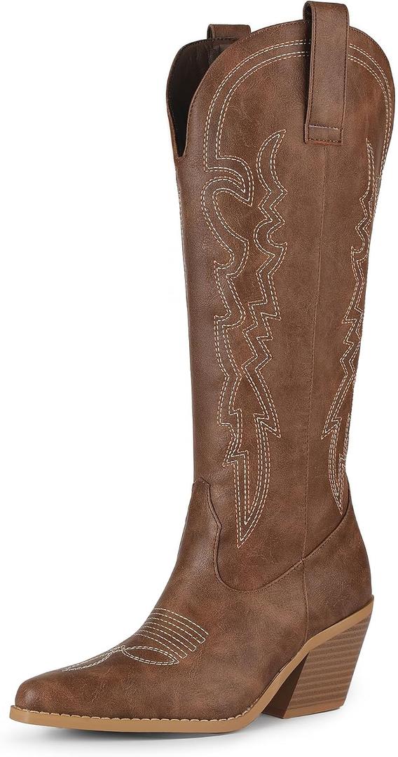IDIFU IN3 Cowboy Boots for Women Cowgirl Knee High Western Embroidered Booties Side Zipper Low Block Chunky Heel Pull on Pointed Toe Tall Booties Comfy Dress Long Boots, US 9