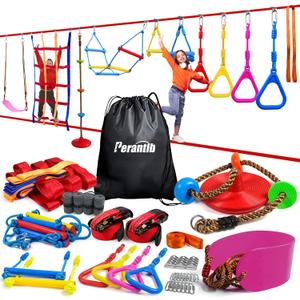 Ninja Warrior Obstacle Course for Kids-Playground Fitness Equipment Ninja Slackline with Multiple Accessories for Kids,Contain Swings,Rope ladders,Rings,Ninja Couse for Kids Outside (2x56ft) Ninja Warrior Obstacle Course for Kids-Playground Fitness Equipment Ninja Slackline with Multiple Accessories for Kids,Contain Swings,Rope ladders,Rings,Ninja Couse for Kids Outside (2x56ft)