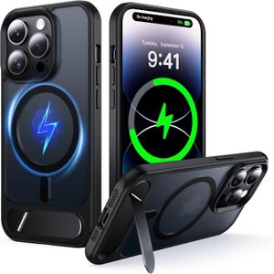 2 x Magnetic Stand for iPhone 14 Pro Case Compatible with MagSafe [Stand & Wireless Charging 2in1] [Flush Hidden Kickstand] [Military Shockproof] Slim Translucent Matte Silicone, Black