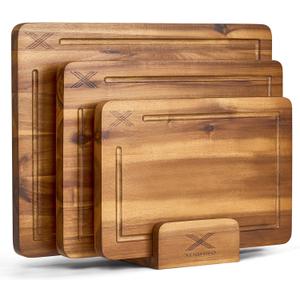 Acacia Wood Cutting Board Set of 3 (16 x 12/14 x 10/12 x 8), Natural - 0.8 in Extra Thick Wooden Chopping Boards with Deep Juice Grooves - Non-Slip, Non-Toxic & Durable Boards for Meat & Vegetables