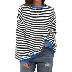 AlvaQ Womens Oversized Sweatshirt 2024 Casual Crewneck Long Sleeve Colorblock Striped Pullover Tunic Tops Outfits (L)