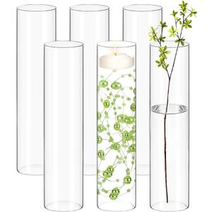 6 Pack Glass Cylinder Flower Vases for Centerpieces 16 Inch Tall Bulk Clear Vase Hurricane Floating Candle Holder for Table Home Decoration Wedding Holiday Floral Shelf Party Dining Decor