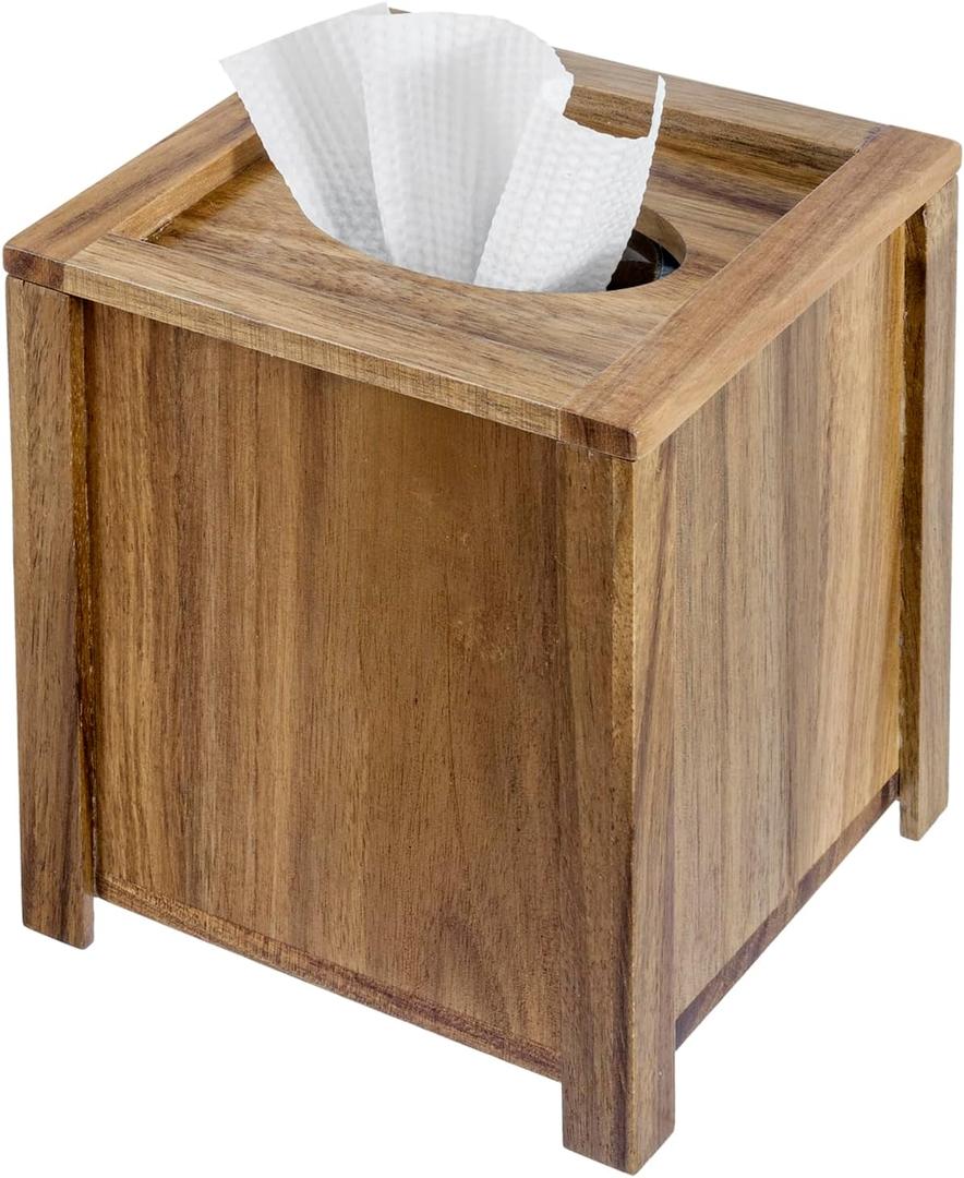 MyGift Premium Acacia Solid Wood Square Tissue Box Holder with Magnetic Lid, Decorative Rustic Wooden Framed Edge Trim Cube Cover Facial Tissues Dispenser
