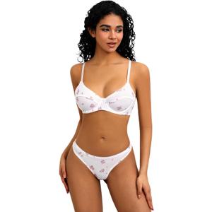 SweatyRocks Women's Print Triangle Bra and Panty 2 Piece Lingerie Set (Medium, Floral White)