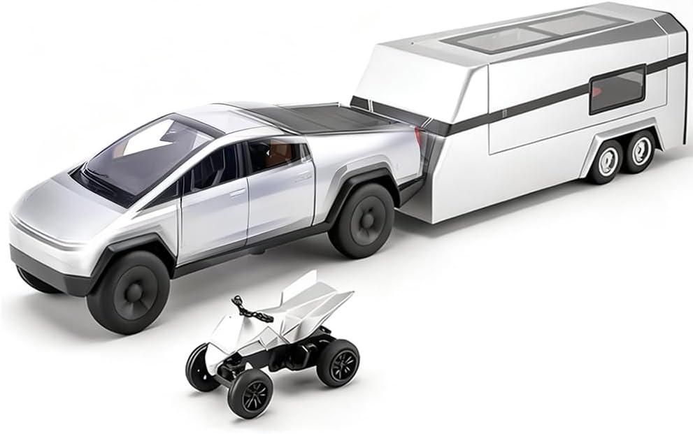 Monster Cyber Style Truck Alloy Toys with Metal Trailer and Motorcycle Pull Back Pickup Comper Model with Sound and Light Effect Ideal Charistmas Gift Race Car Age for 3+ (Silver Set)