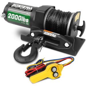2000lb ATV Winch Electric 12V,with Synthetic Rope, RV Waterproof Towing Winches,with Wired Manual Remote Controller Switch,with Mounting Plate, Fairlead&Hook (black)