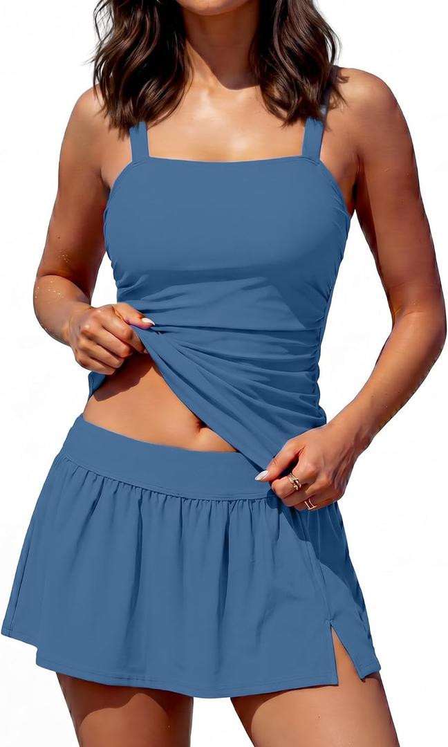 Women Tankini Swimsuits with Skirt 2026 2 Piece Tummy Control Bathing Suits Ruched Swimwears Modest Swim Skirt Sets M