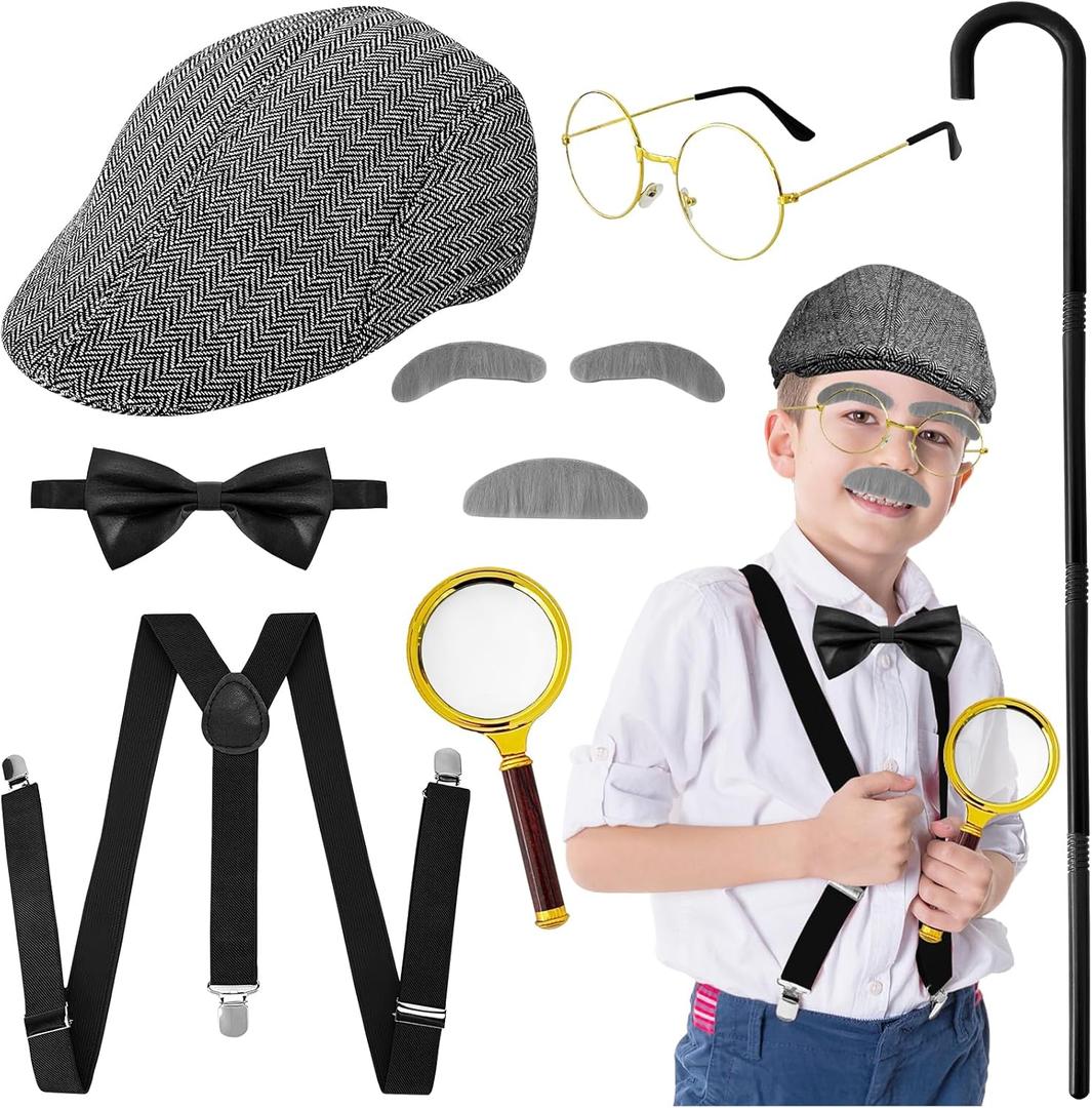 Halloween Grandpa Accessories Set,Old Man Costume Set for Kids,Boys 100 Days of School Costumes for Cosplay,Festival Celebrations,Family Gatherings Grey