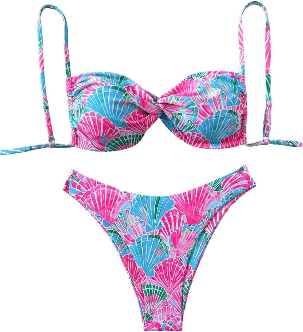 WDIRARA Women's 2 Piece Tropical Print Thong Bikini Set Twist Front High Cut Swimsuit Bathing Suit (Multicolor, M)