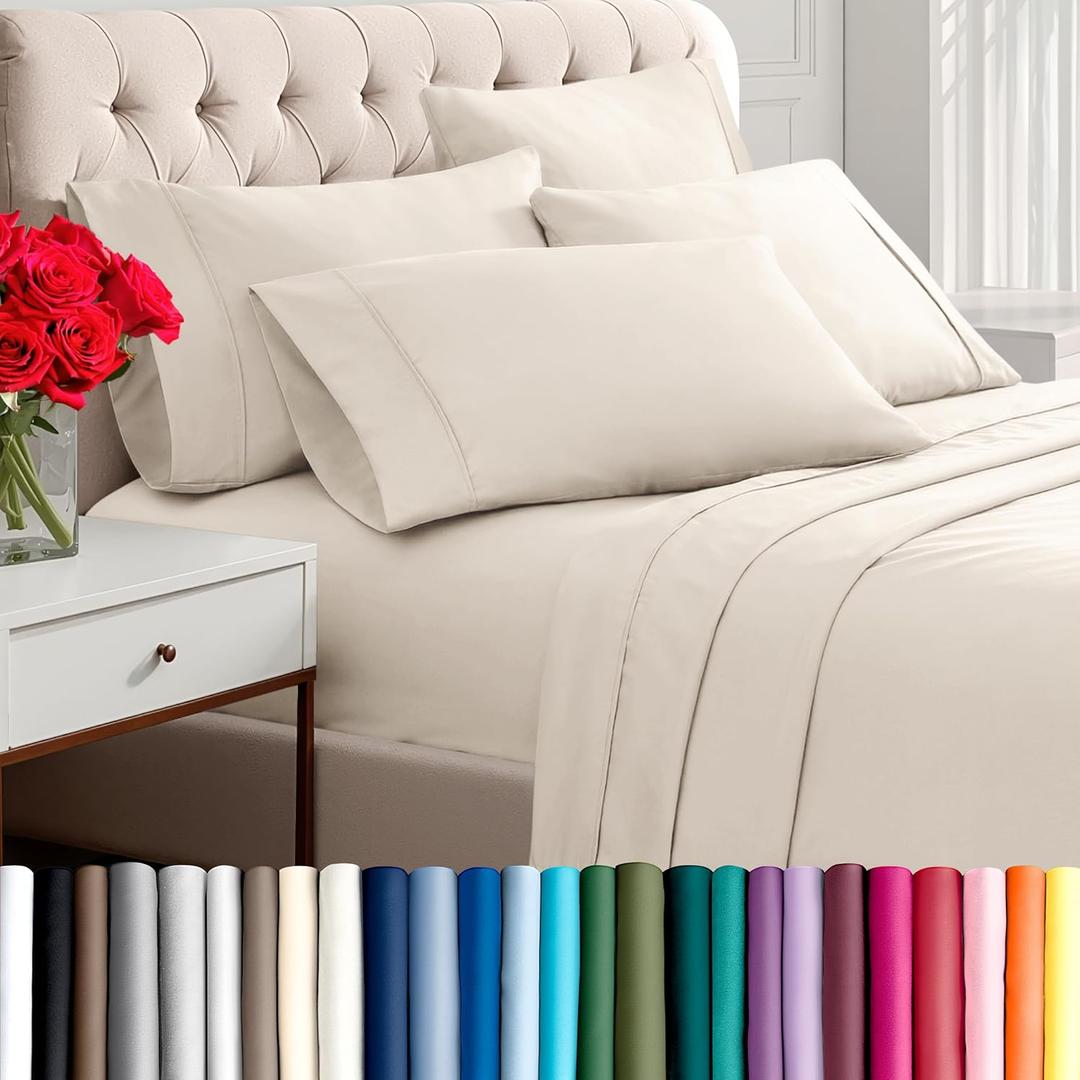Bare Home Hotel Luxury King Sheet Set, Extra Soft - 6 Piece Set - Deep Pockets - Easy Fit - Cooling & Breathable - Wrinkle, Fade, Stain Resistant - Includes 4 Pillowcases (King, Sand)