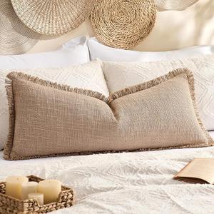 Kevin Textile 14x36 Inch Long Lumbar Pillow Cover 1 Pack Boho Fringe Decorative Rectangle Cushion Case with Tassels Neutral Cotton Woven Textured Farmhouse for Living Room Couch Sofa Bed, Khaki Brown