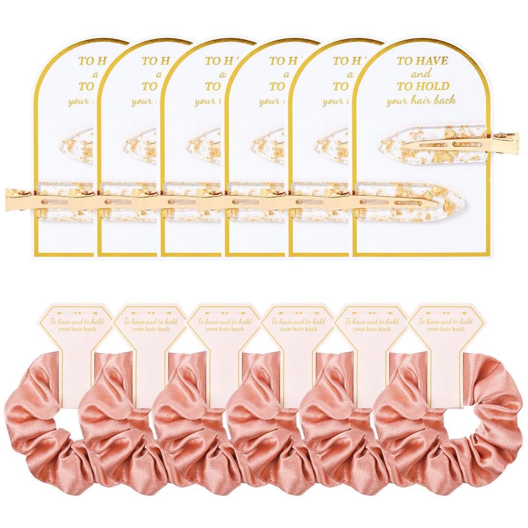 Aileam 12 PCS Bridesmaid Proposal Gifts, Gold Glitter Hair Clips and Silk Satin Scrunchies, Bridal Shower Favors for Women Girls