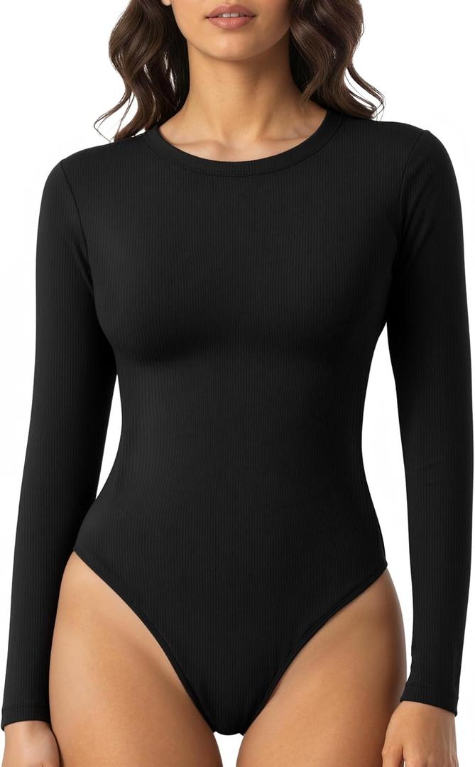 Womens Long Sleeve Crew Neck Body Suits Fall Ribbed Knit Thong Bodysuits Shirts Basic Tops 2025 (Medium)