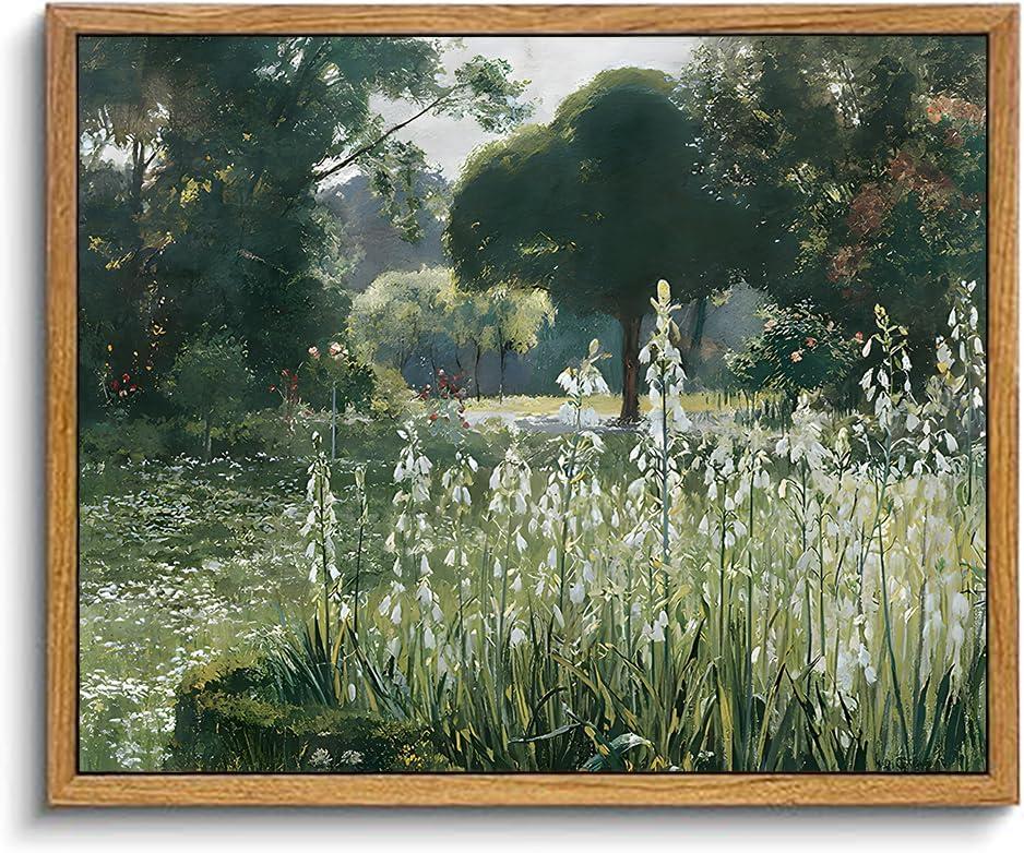 KBKBART Framed Wall Art Vintage Decor, Vintage Meadow with Flowers Oil Painting, Classical Canvas Artwork, Scenery Art Prints for Bedroom Living Room, Bathroom Wall Decor, Gallery, Gifts for Friends or Family (8"x10")