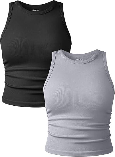OQQ Women's 2 Piece Tank Tops Crew Neck Sleeveless Basic Stretch Casusal Yoga Crop Camis, M