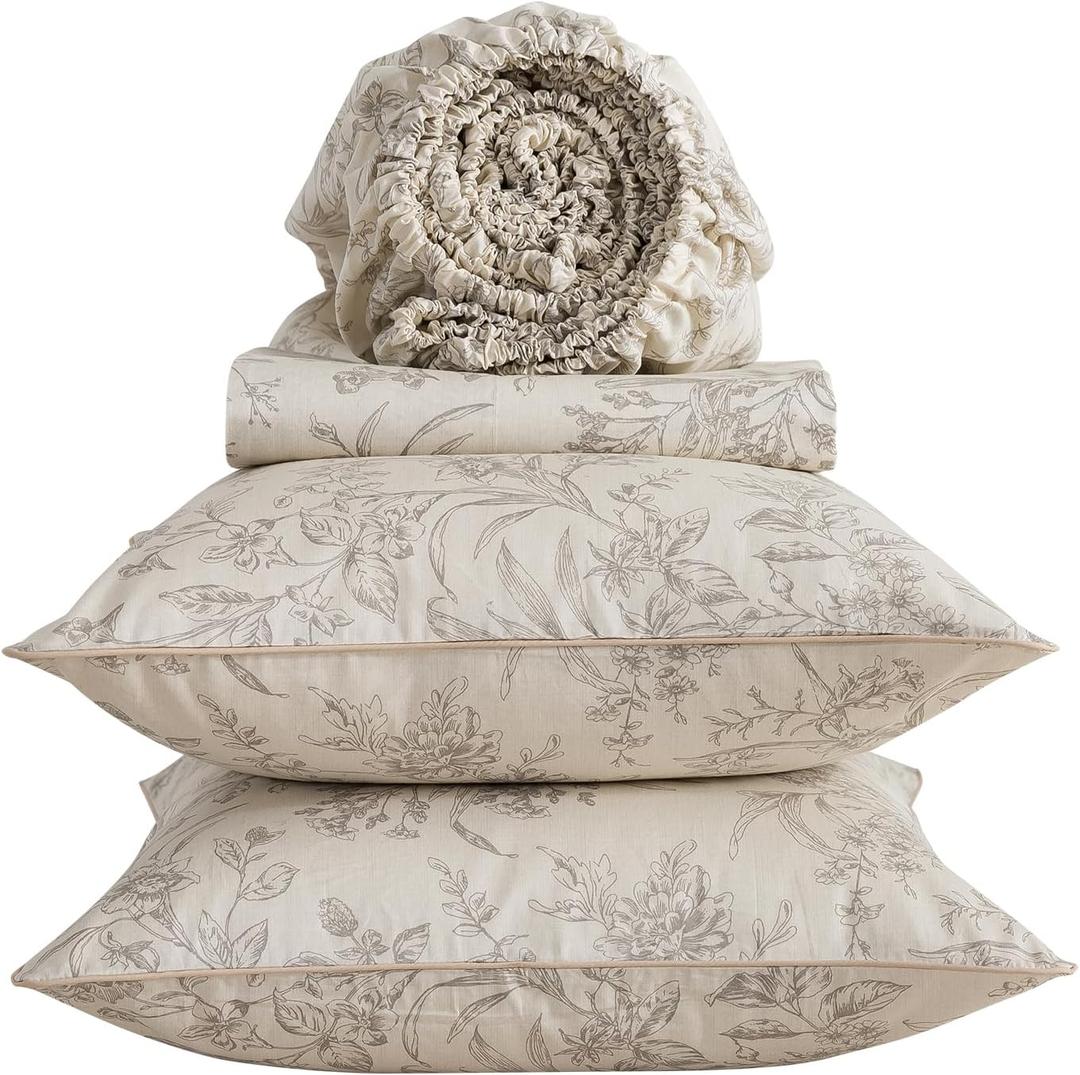Beige Floral Percale Sheets King Size, Vintage Luxury Leaf Flower Printed Deep Pocket Sheet Set, Soft Crisp 100% Cotton Cozy House Bed Sheets, Shabby Chic Cottage Core Toile Bedding, 4Pcs