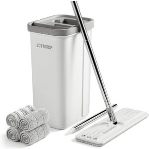 JOYMOOP Mop and Bucket with Wringer Set, Hands Free Flat Floor Mop and Bucket, 60" Mop with 4 Reusable Microfiber Pads, Wet and Dry Use, Floor Cleaning System