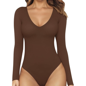 MANGOPOP Women's Long Sleeve Short Sleeve Bodysuit Sexy V Neck Body Suits Fitted Fall Going Out Tops. Size 3XL, Brown 