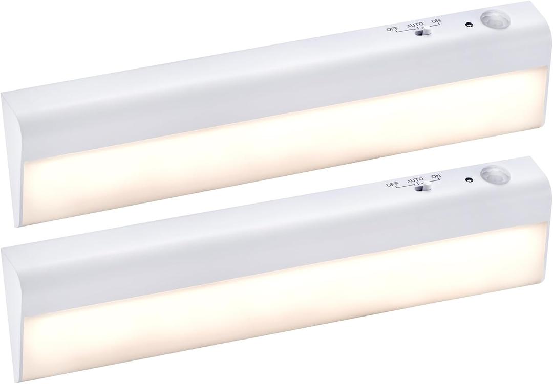 PureOptics LED Battery Operated Under Cabinet Lighting, Motion Sensor On/Off, Warm White LED, Stick-On Install for Kitchen & Closets - 2 Bars