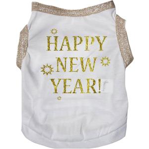 Petitebella Bling Happy New Year Puppy Dog Shirt (White/Gold, Small)