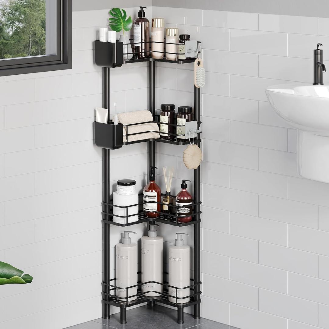 Orimade Rustproof 4 Tier Floor Standing Corner Shower Caddy Organizer with Toothbrush Holder, Large Spacing Floor Shower Shelf Rack Storage Stands with Hooks for Bathroom Kitchen, Black