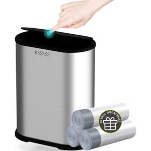 KSSKSS 1.8 Gallons Small Stainless Steel Trash Can with Press Type Lid, Slim Bathroom Garbage Bin, Removable Liner Bucket, Dog Proof Narrow Wastebasket with Pop-Up Lid for Bedroom,Toilet (Silver)