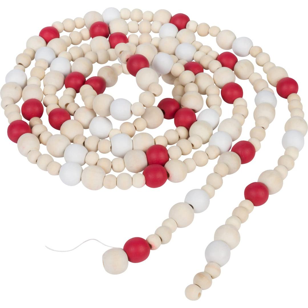 One Holiday Way 9-Foot Rustic Red, White and Unfinished Wood Bead Garland Christmas Tree Decoration - Decorative Vintage Wooden Beads for Everyday Chic Winter Valentines Farmhouse Xmas Home Decor