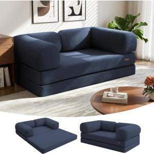 COMAX Folding Sofa Bed Queen, 4-in-1 Foldable Floor Couch Convertible Futon Sofa with Armrests, Sleeper Mattress Fold Out Chair Bed Comfy Portable Lounge Guest for Living Room Bedroom, Navy Blue
