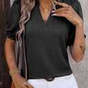 Dokotoo Womens Summer Short Puff Sleeves Blouses Shirts V Neck Cute Solid Knit Textured Casual Regular Fit Tops (Black, S)