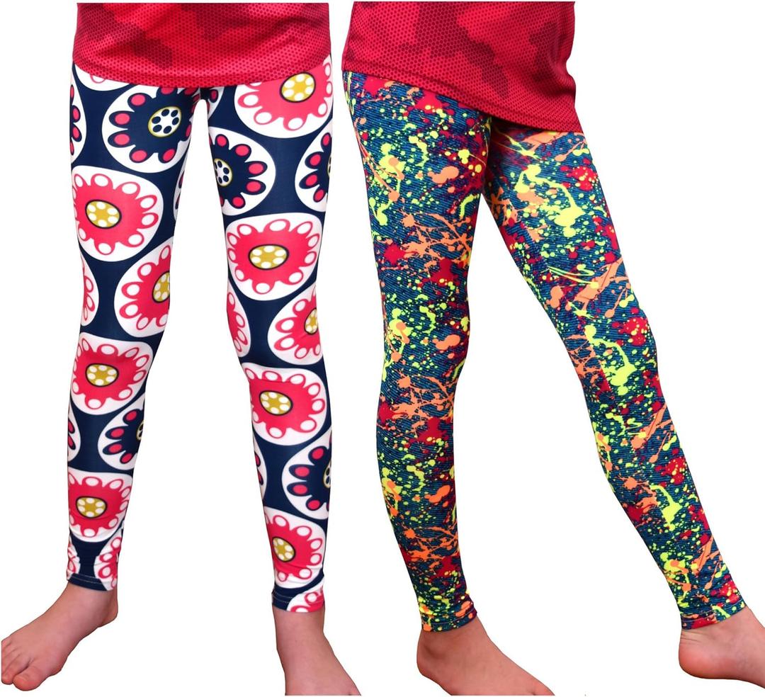 Girls' Flower & Color Splash Print Leggings, Full-Length High Waist, Pack of 2 (Small)