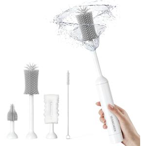 SEANCHEER S02 Electric Bottle Brush Set, Portable Baby Bottle Brush Cleaner, AA Battery-Powered & IPX7 Waterproof, with Silicone Bottle/Nipple/Sponge/Straw Brush, for New Parents (Extra-Long)