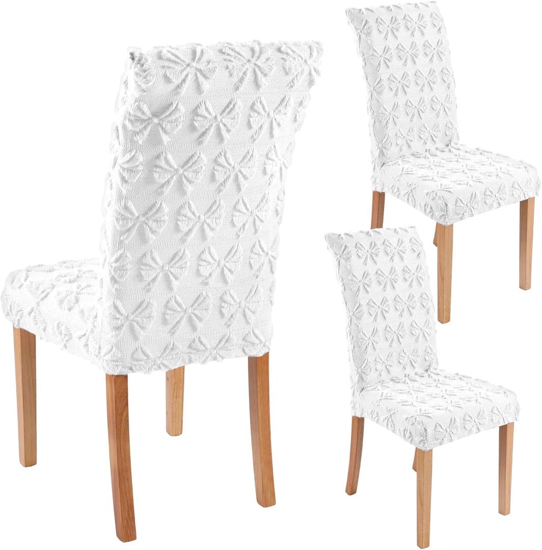VitalCozy Cream White Bow Chair Covers Set of 2 Coquette Room Decor Cute Faux Fur Chair Back Covers Soft Beige Seat Slipcovers for Dining Room Kitchen Wedding Party Decor