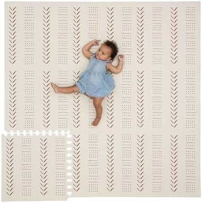 CHILDLIKE BEHAVIOR XXL Baby Play Mats, 72”x72” Puzzle with 9 Foam Tiles, Crawling Mat with Interlocking Tiles, 24”x24” Puzzle Mat Pieces, Neutral Playmat for Toddlers & Infants Play Pen - Beige