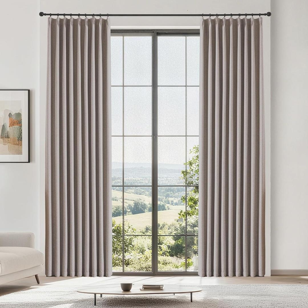 Greyish Taupe 100% Blackout Pinch Pleated Curtains 96 Inches Long, Linen Light Blocking Drapes for Bedrom, Thermal Insulated Window Curtain Panels, Living Room Darkening Shades (50"W x 96"L (Pack of 2))