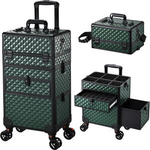 Joligrace Rolling Makeup Case with Wheels & Drawers Large Professional Cosmetology Trolley Case Travel Cosmetic Storage Train Cases for Nail Technicians, Makeup Artist and Hairstylist Dark Green